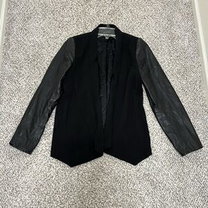 Eileen Fisher leather silk open front black blazer cardigan XS